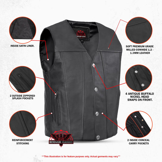 Buffalo Nickel Black Leather Vest for Men - Customizable Back & Satin Liner