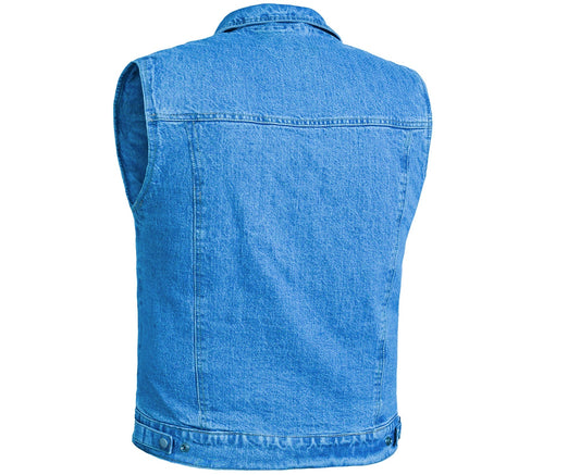 Blue Men's denim motorcycle vest with Snap/Zipper Front