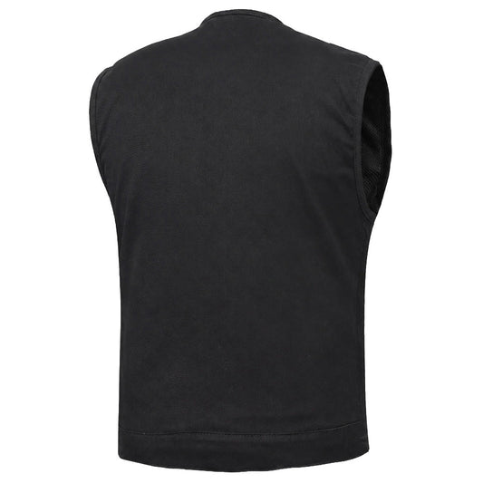 Mens Black Denim Motorcycle Vest with Concealed Snaps & Zipper