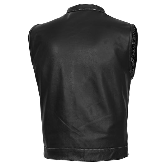 Men's Paisley Black Leather Motorcycle Vest with White Stitching