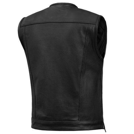 Men's Collarless Perforated Leather Vest - Black