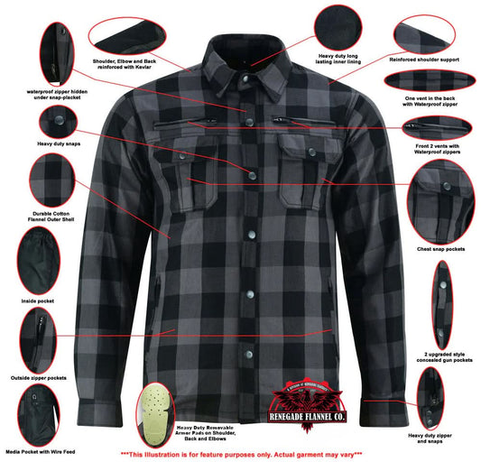 Alpha Check Men's Armored Motorcycle Flannel Shirt - Gray/Black