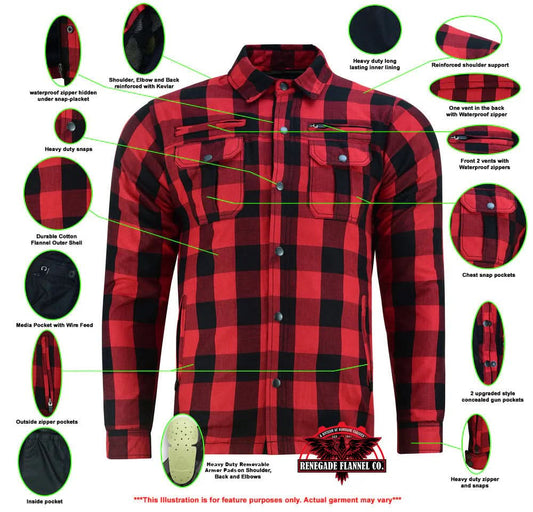 Alpha Check Men's Armored Motorcycle Flannel Shirt - Red/Black