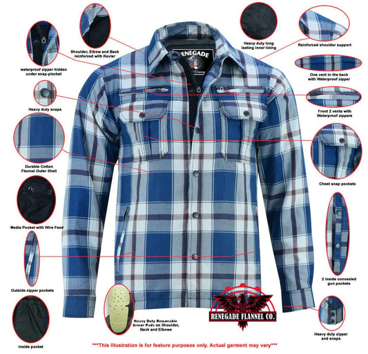 Alpha Check Men's Armored Motorcycle Flannel Shirt - Blue/White/Maroon
