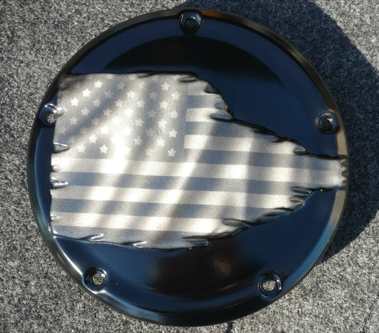 Tattered American Flag Harley derby cover denim finish