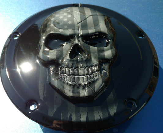 Harley American flag skull with ghosted Black and White and Vivid black background