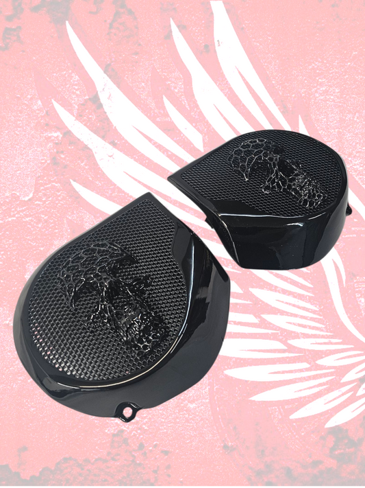 97-25+ Harley inner Touring 3D webbed skull speakers grill covers set