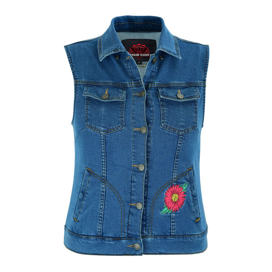 Women's Blue Denim Snap Front Vest with Red Daisy