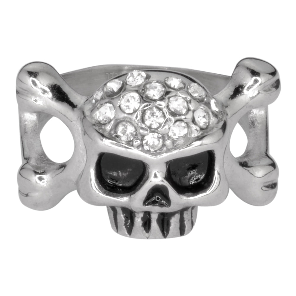 SK1050 Ladies Skull Bones Imitation Diamond Ring Stainless Steel Motorcycle Jewelry Size 5-9