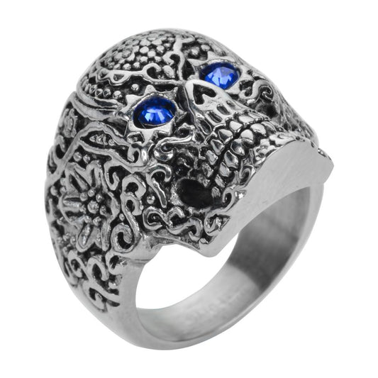 SK1062 Ladies Blue Eyed Tribal Tattoo Skull Ring Stainless Steel Motorcycle Jewelry