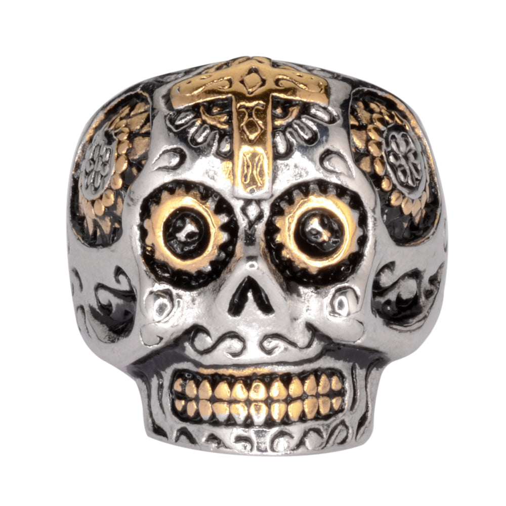 SK1066 Ladies Sugar Skull With Cross Skull Ring Stainless Steel Motorcycle Jewelry Size 5-9