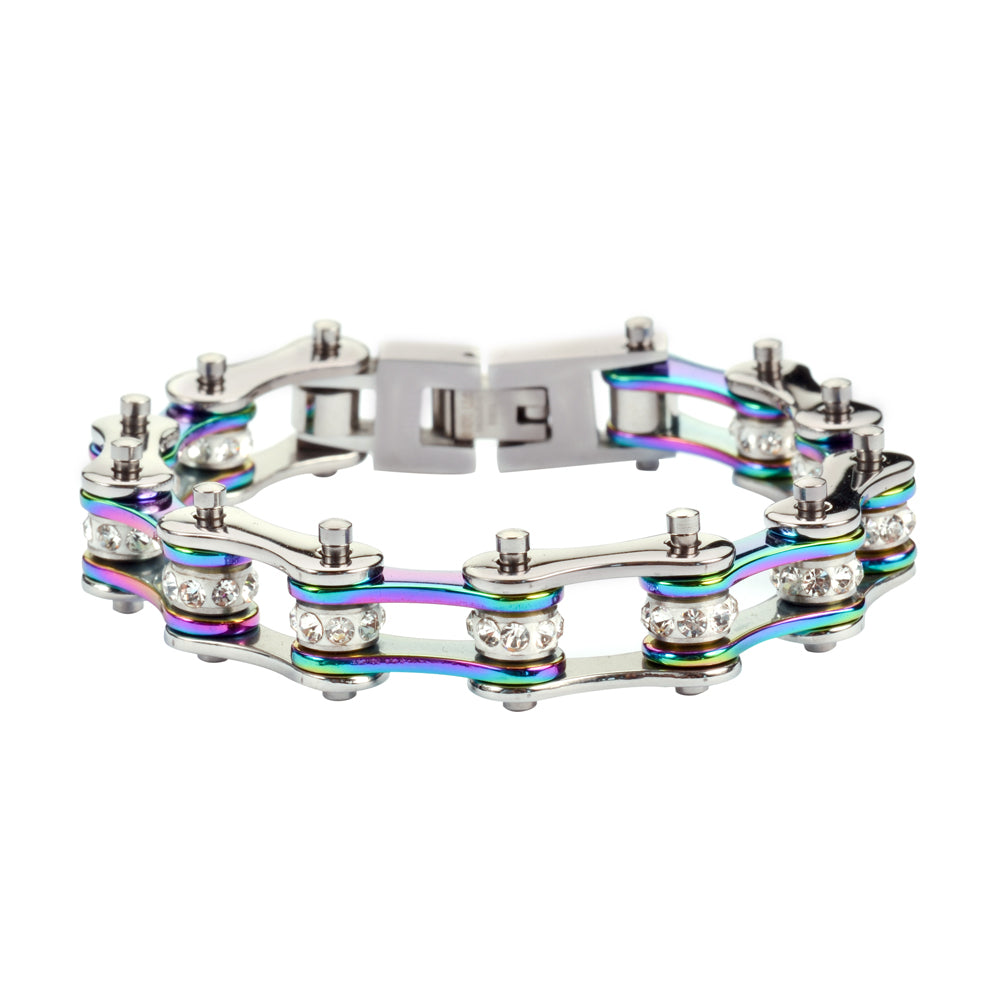 SK1207 Wide Two Tone Silver Rainbow With White Crystal