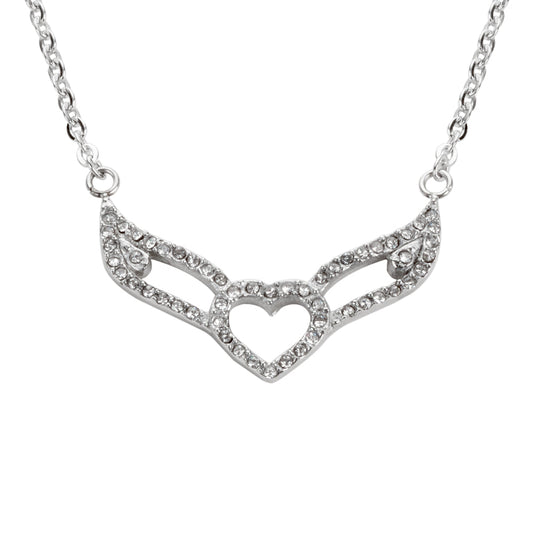 Women’s Double Angel Wing Necklace with Crystal Heart – Motorcycle Jewelry