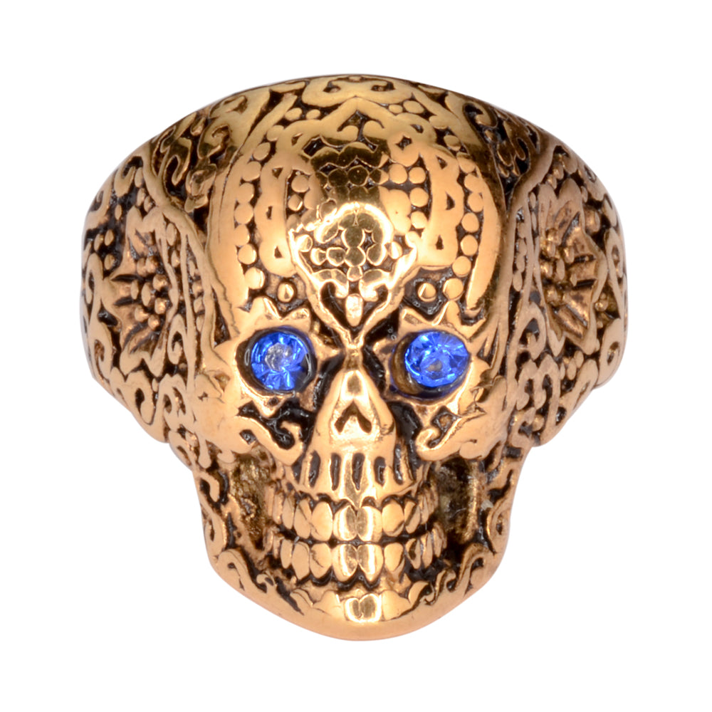 SK1772 Ladies Blue Eyed Tribal Tattoo Skull Ring Gold Edition Stainless Steel Motorcycle Jewelry Size 6-10