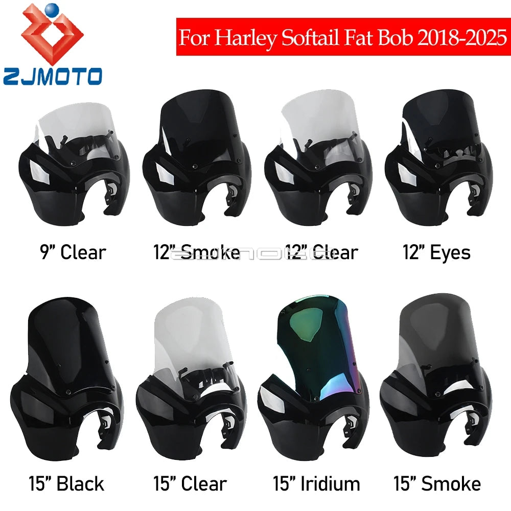 9/12/15 Inch Windshield Fat Bob Front Smoke Headlight Fairing For Motorcycle Club Style For Harley Softail FXFBS 18 19 2020-2025