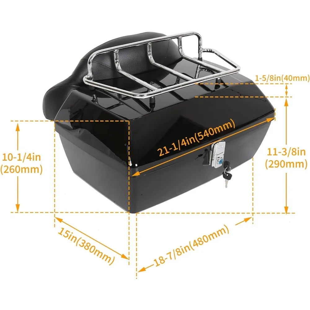 50l motorcycle trunk w/top rack & backrest compatible with harley honda yamaha suzuki cruiser universal motorcycle top case tai