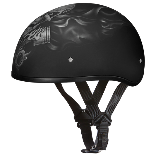 DOT Approved Daytona Motorcycle Half Face Helmet - Skull Cap Graphics for Men & Women, Scooters, ATVs, UTVs & Choppers - W/ Pistons Skull