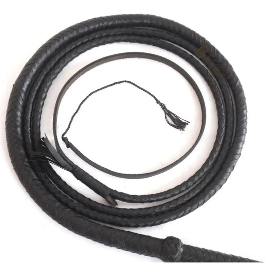 Black Leather Bullwhip 3ft, 4ft, 6ft & 8ft – 8 Plait Handmade Real Cowhide Rope Core Whip