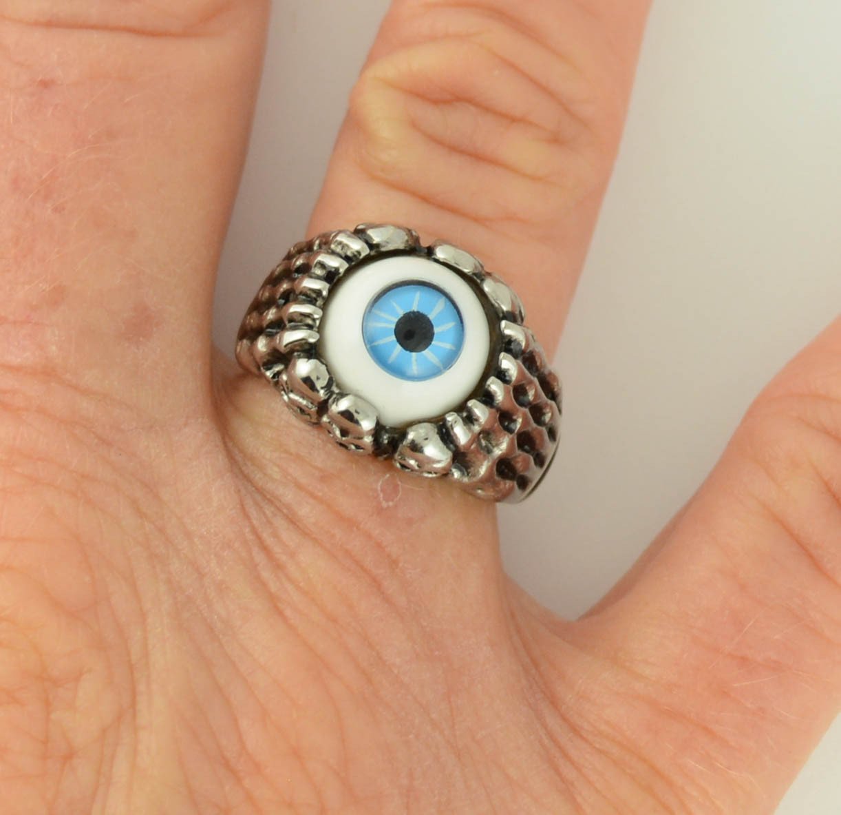 SK1053 Ladies Blue Eyeball Ring Stainless Steel Motorcycle Jewelry Sizes 5-10