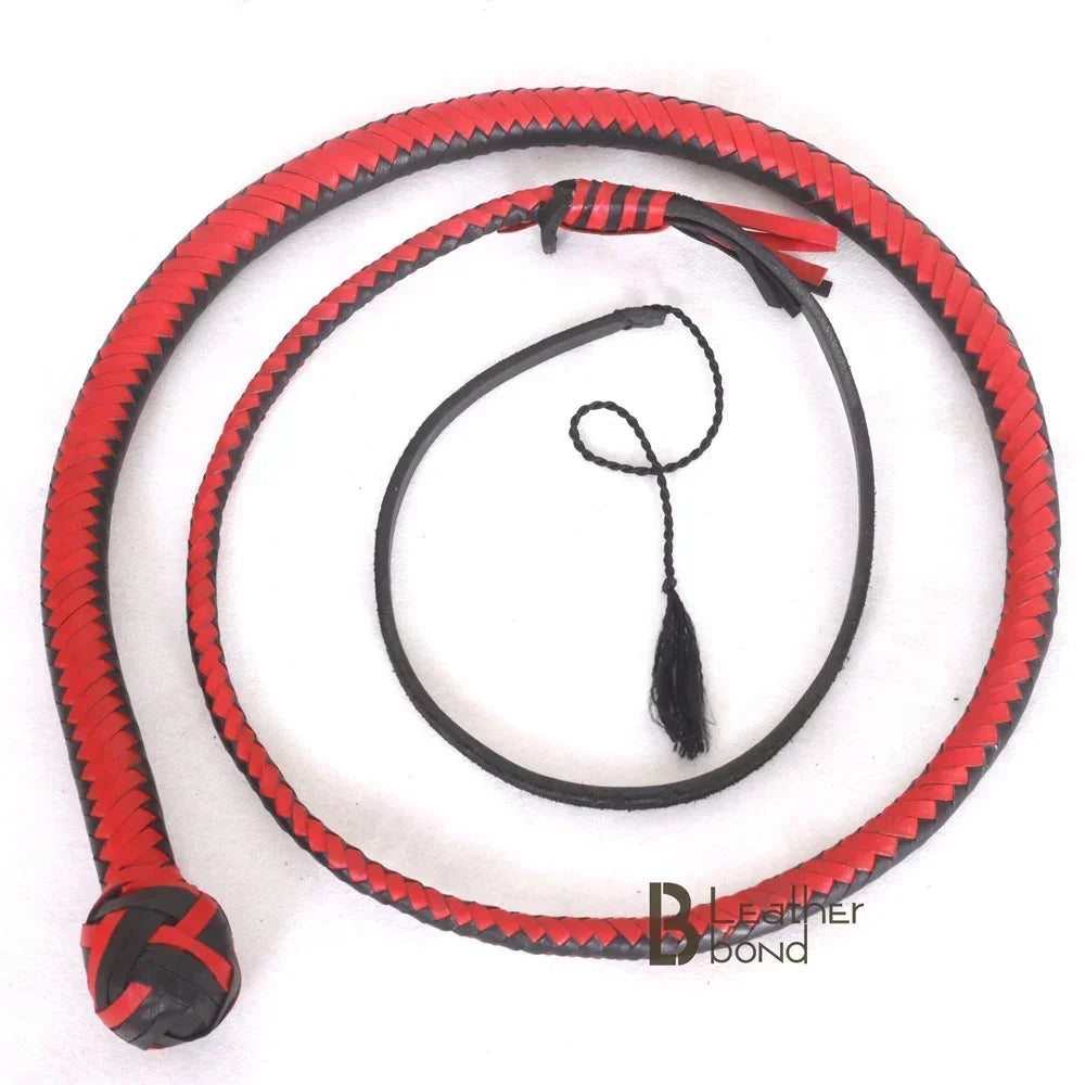 Snake Whip Kangaroo Hide Leather & Shot Loaded 4, 5, 6 or 8 Feet 12 Strands Red & Black