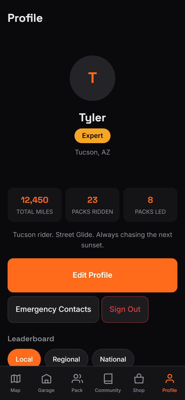 Rider profile and mileage in The Ride app