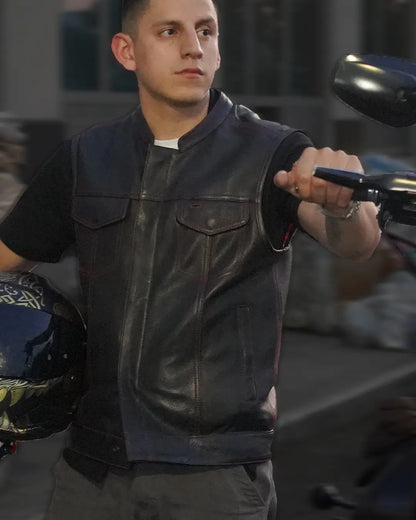 Born Free Men's Motorcycle Leather Vest - Black Stitch