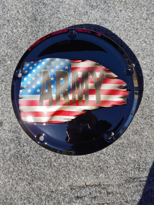 Army Tattered flag Harley derby cover black background