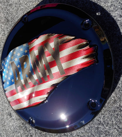 Army Tattered flag Harley derby cover black background