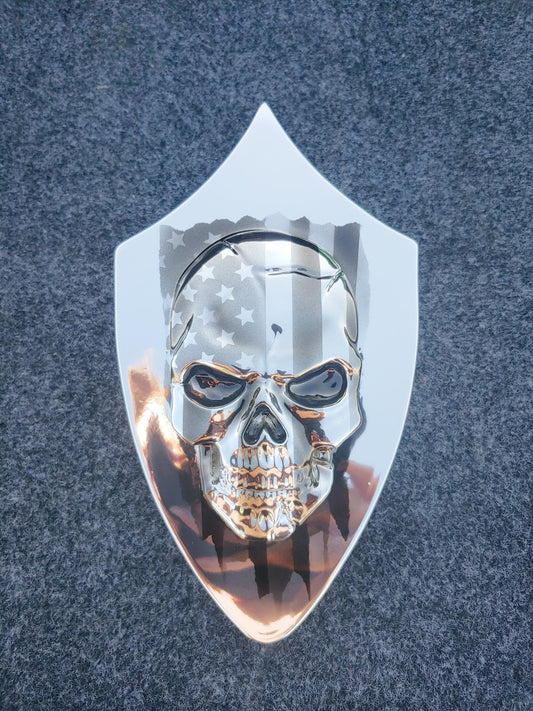 Chrome Harley horn 3D skull with tattered American flag