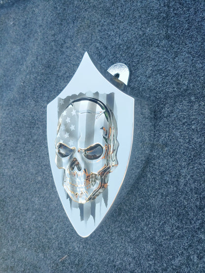 Chrome Harley horn 3D skull with tattered American flag