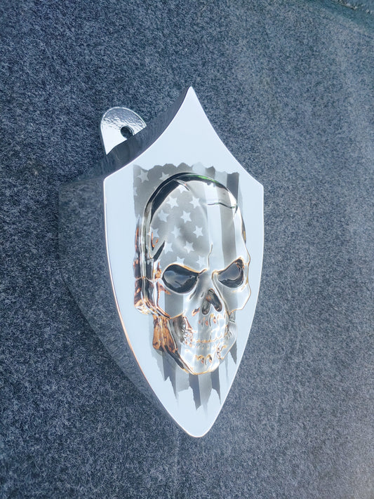 Chrome Harley horn 3D skull with tattered American flag