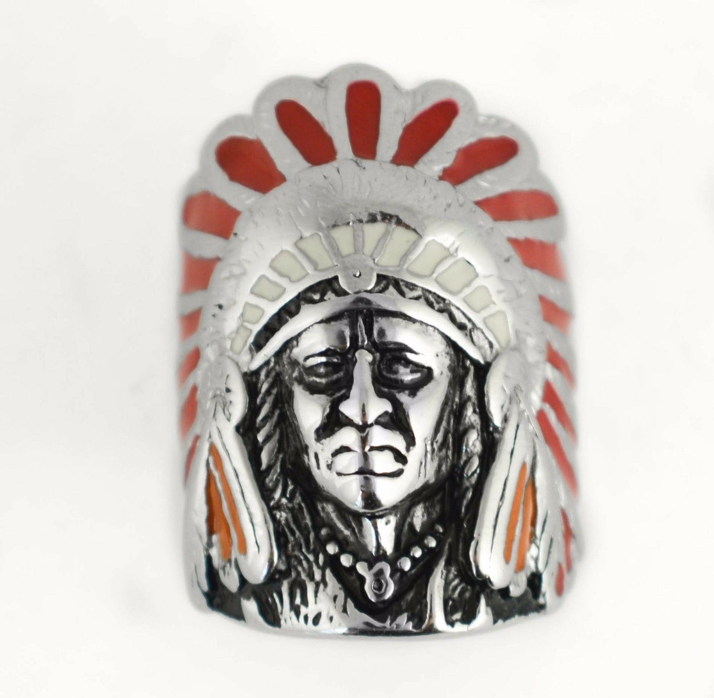SK1085 Gents Indian Head Ring With Green Enamel Stainless Steel Motorcycle Jewelry