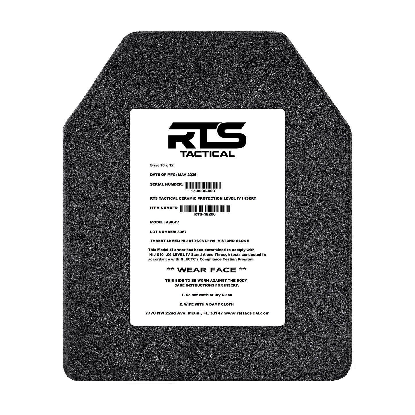 RTS Tactical Ceramic NIJ 0101.06 Level IV Rifle Protection Plate Insert - 10 X 12