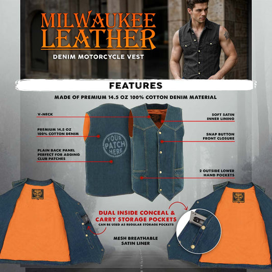 Milwaukee Leather DM1310 Men's Blue Denim Classic Snap Front Biker Vest