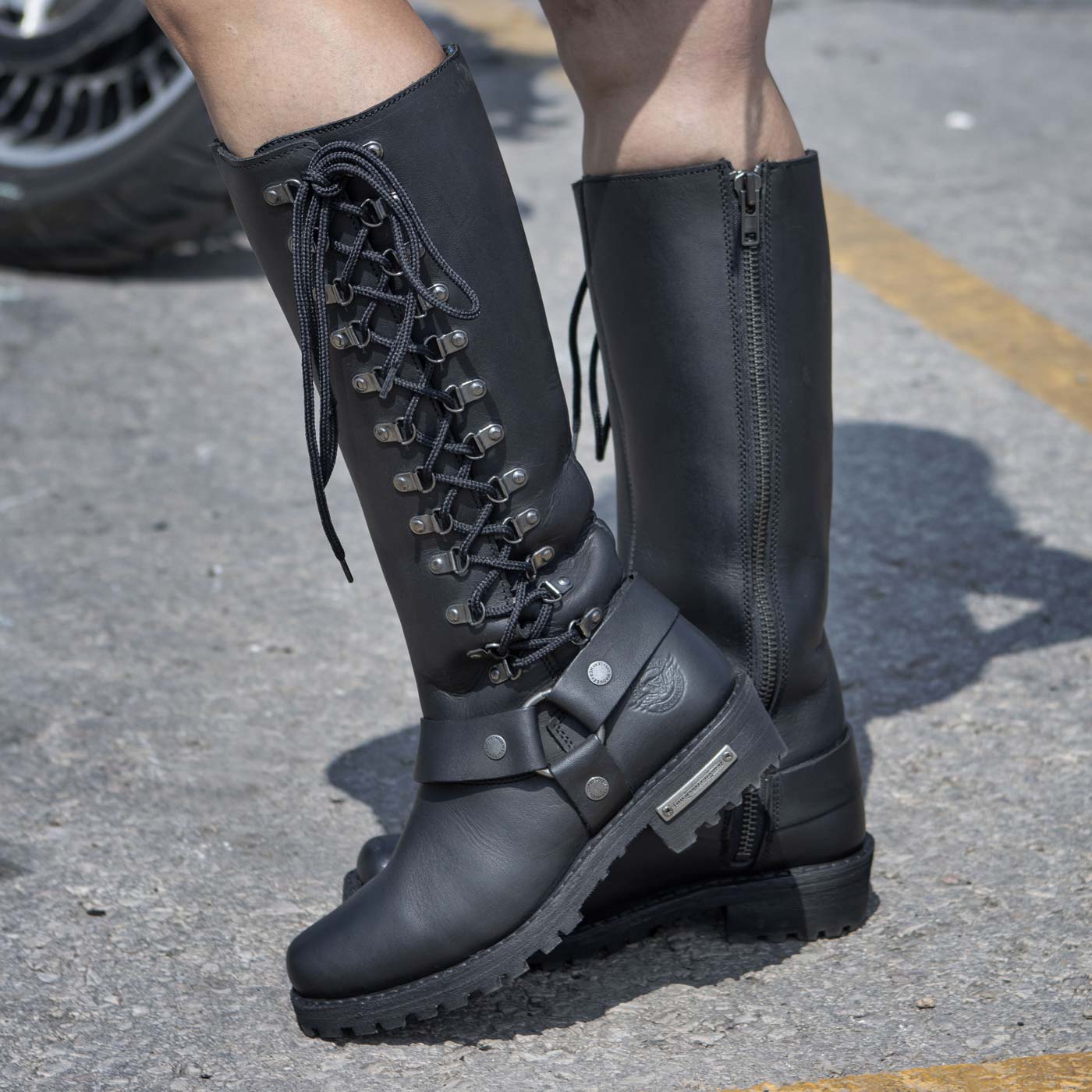 Milwaukee Leather MBL9365W Women’s Wide Width Black Classic Harness 14-inch Square Toe Leather Boots