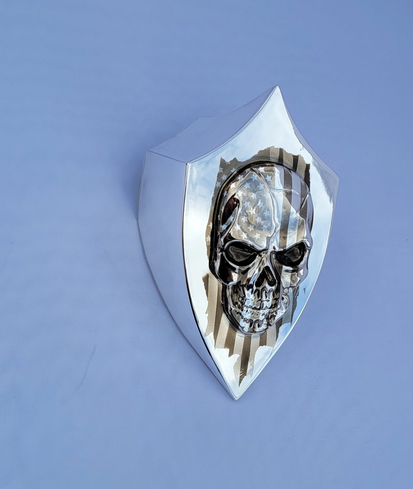 Chrome Harley horn 3D skull with tattered American flag