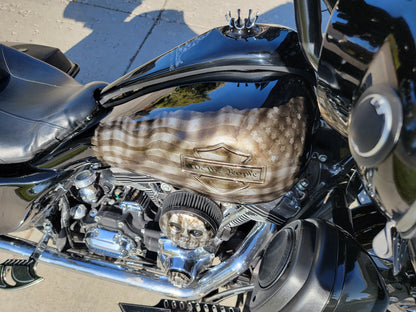 Stretched 6 gallon tank cover shrouds large emblem