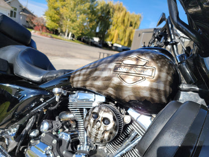 Stretched 6 gallon tank cover shrouds large emblem
