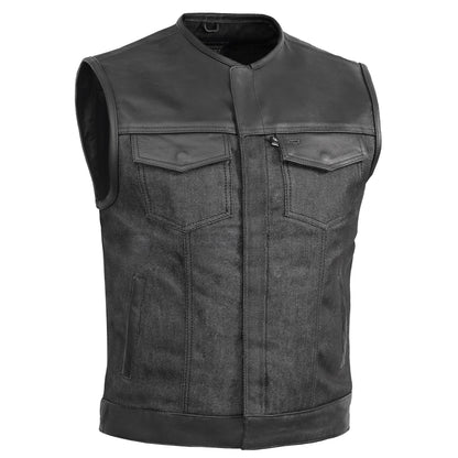 Men's Leather-Denim Combo Motorcycle  Vest - No Collar