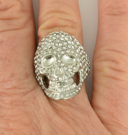 SK1065  Ladies Bling Covered Skull Imitation Diamond Ring Stainless Steel Motorcycle Jewelry  Size 5-9