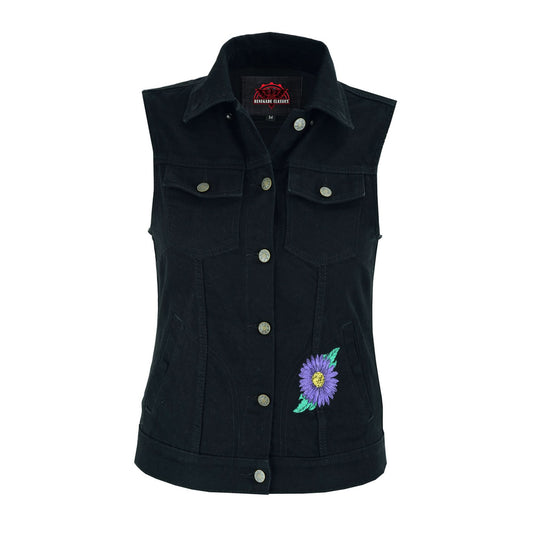 Women's Black Denim Snap Front Vest with Purple Daisy