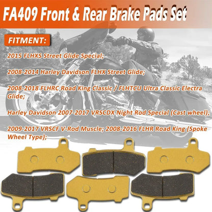 FA409 Brake Pads Front + Rear Change Kit Fit for 2008-2018 Harley Davidson FLHX Street Glide ,VRSCDX/VRSCF-6 Pcs/Set