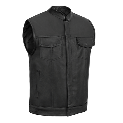 Highway Jack Men's Black Leather Motorcycle Vest Scoop Neck & Snap-Closure Pockets
