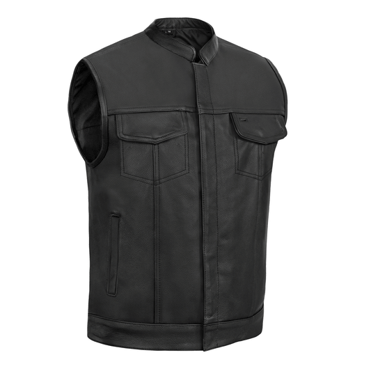Highway Jack Men's Black Leather Motorcycle Vest Scoop Neck & Snap-Closure Pockets