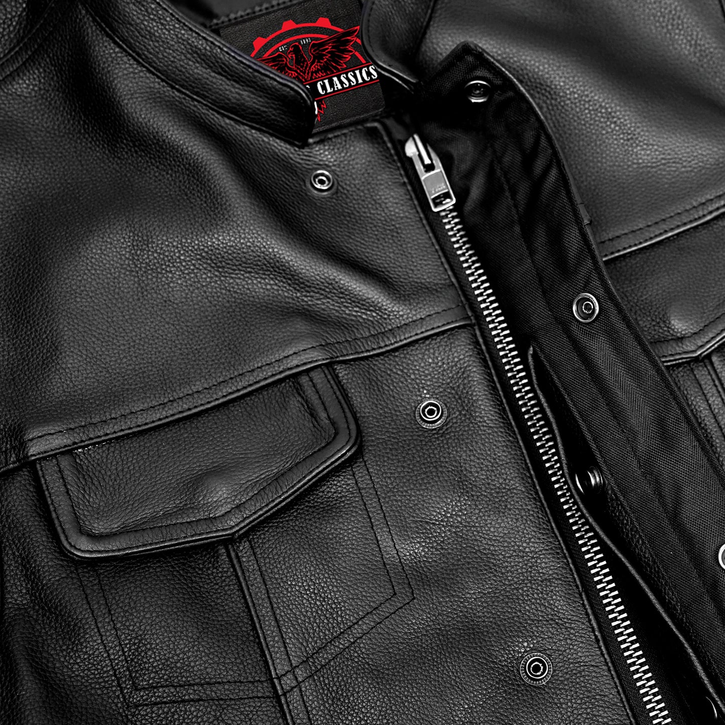 Highway Jack Men's Black Leather Motorcycle Vest Scoop Neck & Snap-Closure Pockets