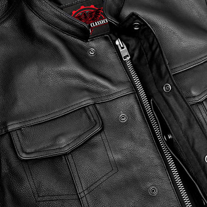 Highway Jack Men's Black Leather Motorcycle Vest Scoop Neck & Snap-Closure Pockets