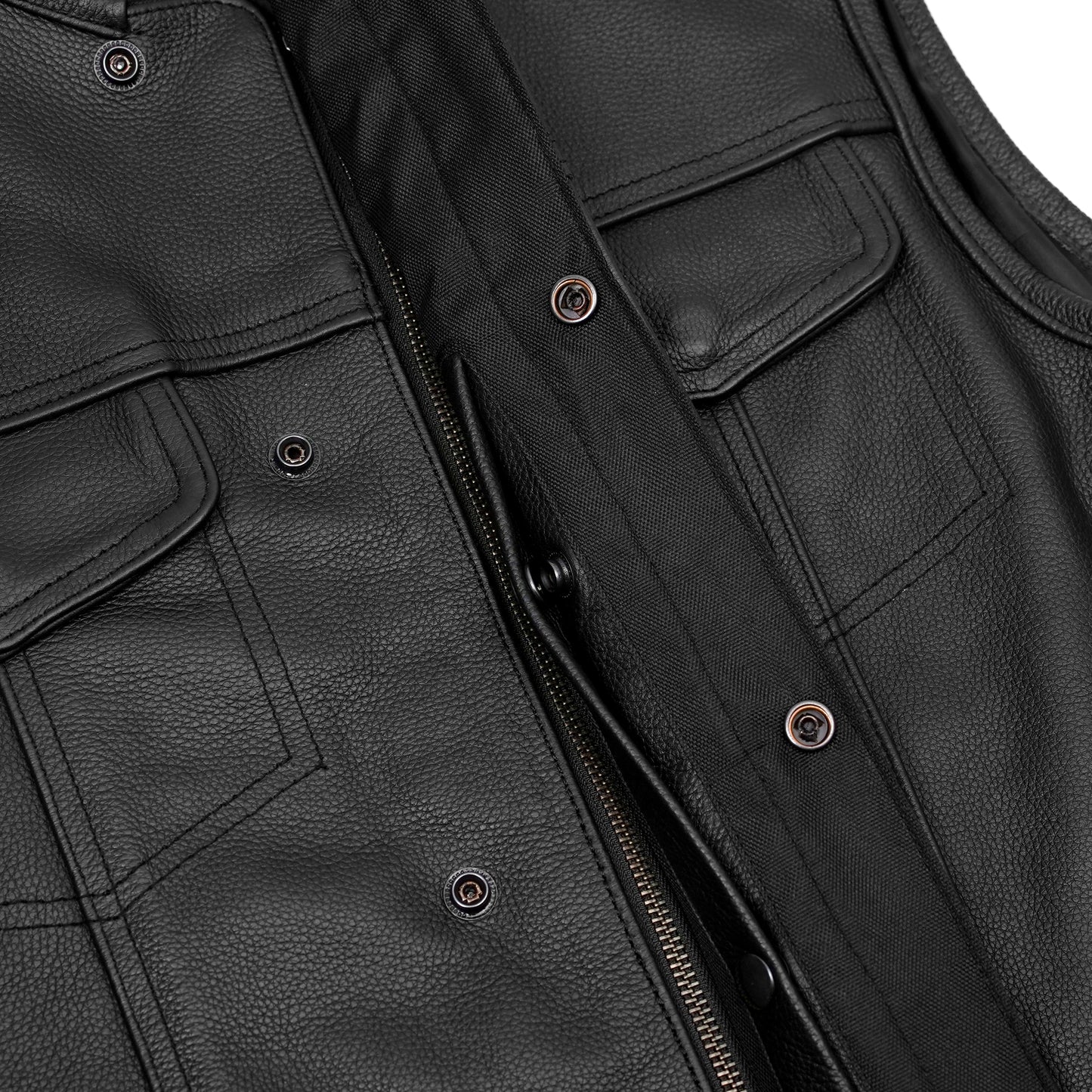 Highway Jack Men's Black Leather Motorcycle Vest Scoop Neck & Snap-Closure Pockets