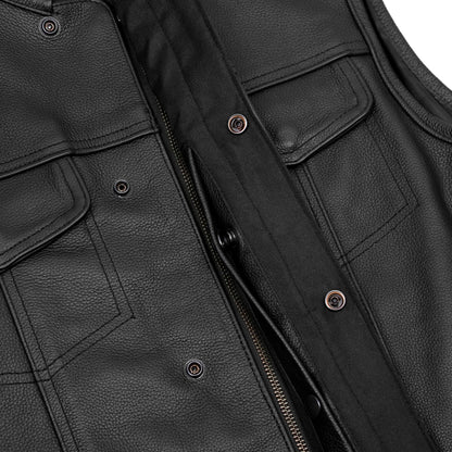 Highway Jack Men's Black Leather Motorcycle Vest Scoop Neck & Snap-Closure Pockets