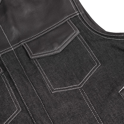 Men's Leather-Denim Combo Motorcycle Vest w/ Scoop Collar