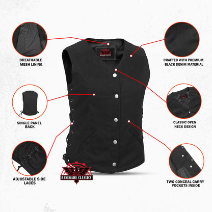 Women's Denim Longer Body ¾ Vest - Side Laces